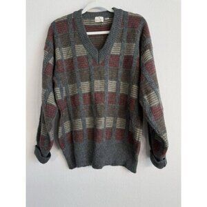 Vintage Neiman Marcus Brown Maroon Gray‎ Color Block Wool V-Neck Sweater Size L